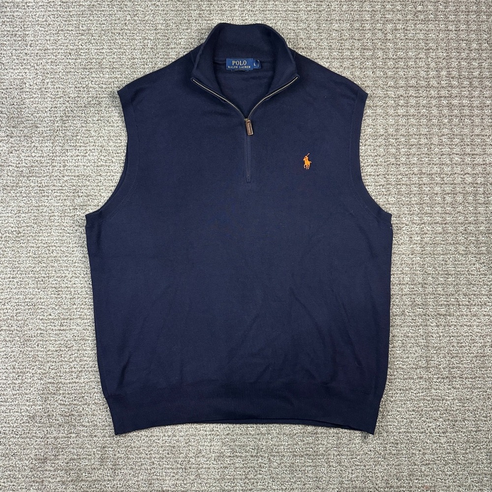 Polo Ralph Lauren Mens Navy Blue Pima Cotton Quarter Zip Sweater Vest Large